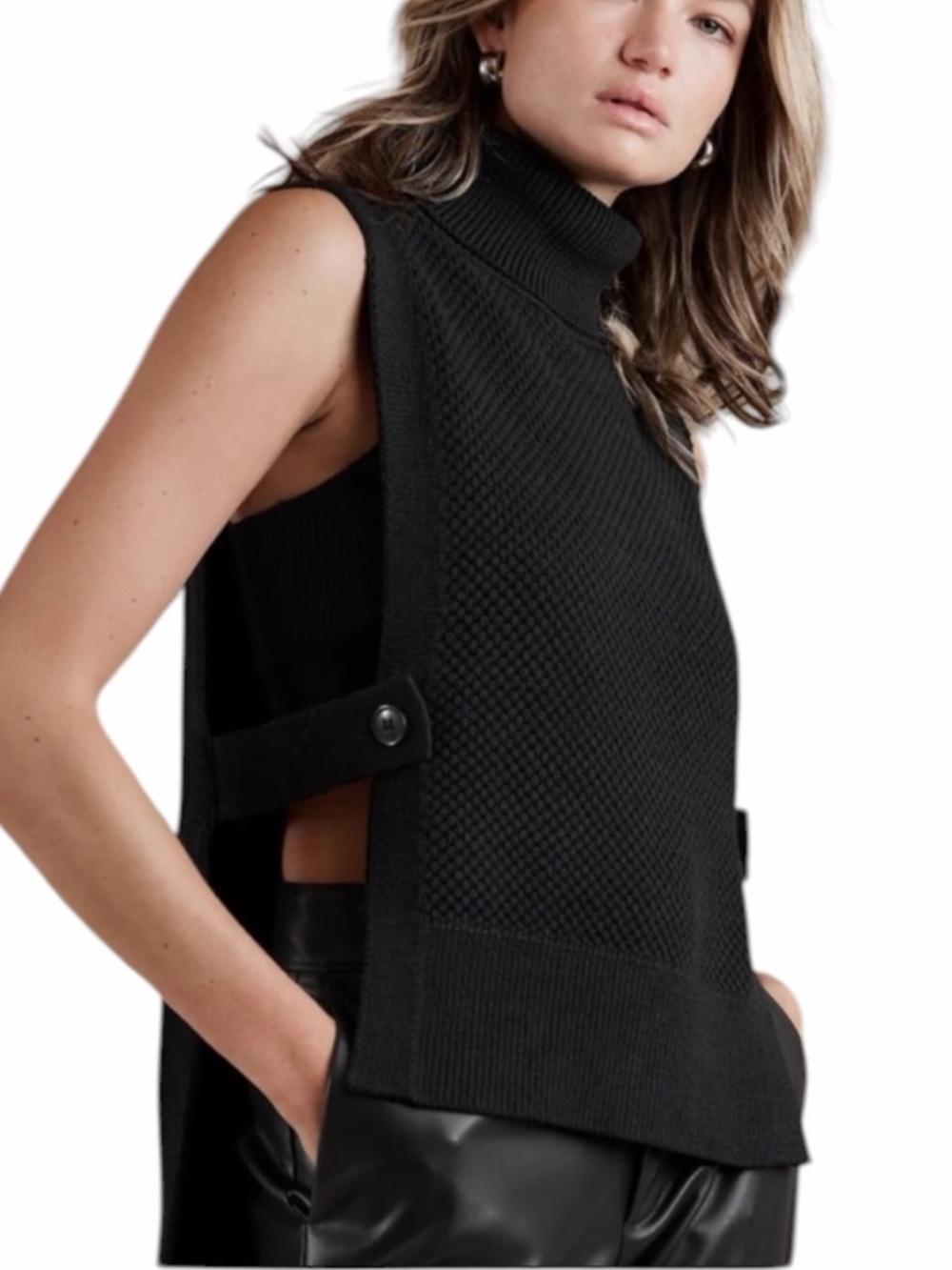 NEW Banana Republic Long Textured Turtleneck Sweater Vest in Black NWOT